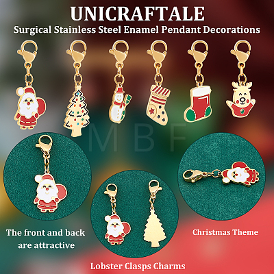 Unicraftale 6Pcs 6 Styles Christmas Theme 316 Surgical Stainless Steel Enamel Pendant Decorations HJEW-UN0001-11-1
