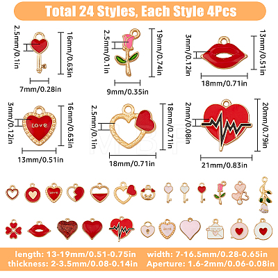 96Pcs 24 Styles Valentine's Day Alloy Enamel Pendants ENAM-FH0001-65-1