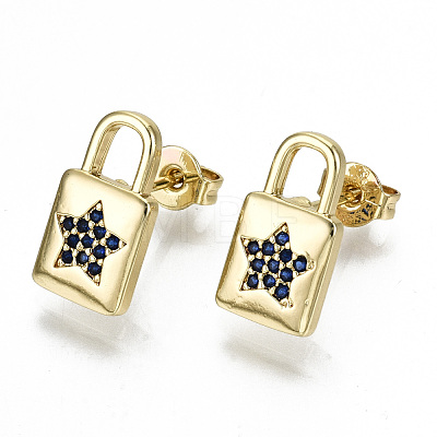 Brass Micro Pave Cubic Zirconia Padlock Stud Earrings EJEW-N011-26-NF-1