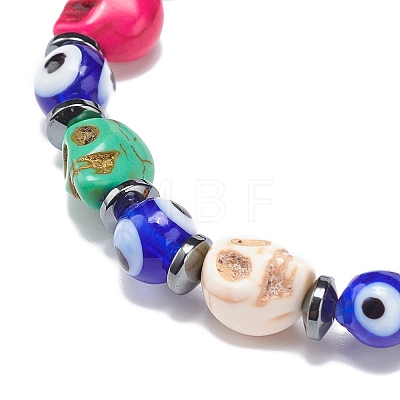 Lampwork Evil Eye & Dyed Synthetic Turquoise(Dyed) Skull Beaded Stretch Bracelets BJEW-JB08922-1