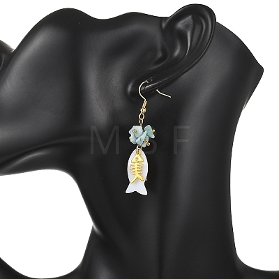 Fish Natural Shell & Natural Larimar Chips Dangle Earrings EJEW-JE07166-1