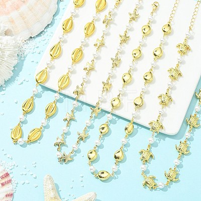 4Pcs 4 Styles Ocean 304 Stainless Steel Sea Animals Handmade Link Chain Necklaces with White Round Shell Pearl Beads NJEW-JN06097-1