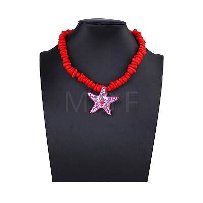 Ocean Polymer Clay Starfish Pendant Red Resin Beaded Necklaces with Alloy End Chains FS-WGFD479-02-1