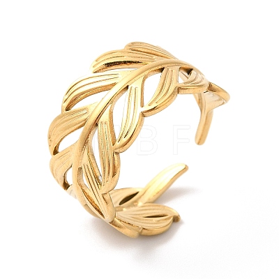 Ion Plating(IP) 304 Stainless Steel Leafy Branch Open Cuff Ring for Women RJEW-K245-31G-1