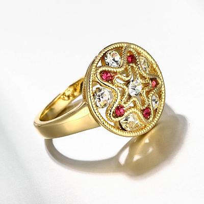 Real 18K Gold Plated Graceful Brass Czech Rhinestone Flat Round Finger Rings for Women RJEW-BB06509-8G-1