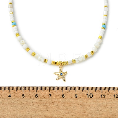 Ocean Brass Pave Clear Cubic Zirconia Sea Animals Pendant Natural Shell and Glass Seed Beaded Necklaces for Women NJEW-JN06345-1
