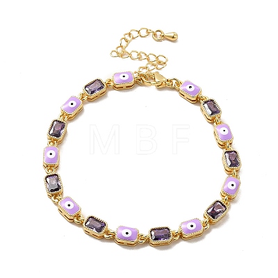 Enamel Evil Eye & Cubic Zirconia Rectangle Link Chain Bracelet BJEW-C029-02G-1
