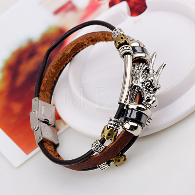 Dragon Head Leather Cord Multi-strand Bracelets BJEW-P0001-12-1