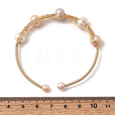 Brass Wire Wrapped Natural Pearl Cuff Bangles for Women BJEW-D453-01G-1