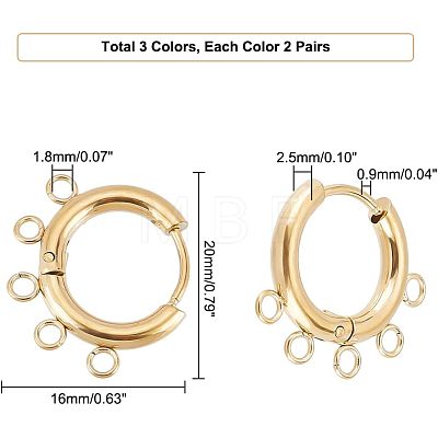 Unicraftale 6 Pairs 3 Colors 304 Stainless Steel Hoop Earring Findings STAS-UN0039-25-1