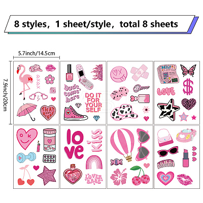 8 Sheets 8 Styles Pink Theme PVC Waterproof Wall Stickers DIY-WH0345-145-1