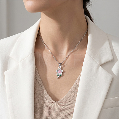 304 Stainless Steel Enamel Pink Flower Pendant Necklaces for Women WGD8704-01-1