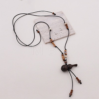 Wood Gourd Pendant Adjustable Braided Waxed Cord Necklaces with Porcelain Beads for Women WGF2CB3-01-1