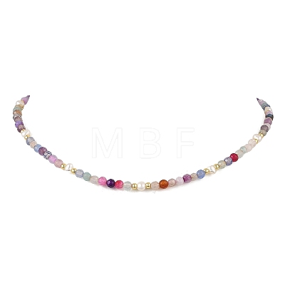 Dyed & Heated Faceted Round Natural Agate and Cultured Freshwater Pearl Beaded Necklaces for Women NJEW-JN06240-02-1