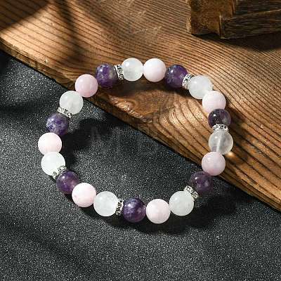 8.5mm Natural Rose Quartz & Quartz Crystal & Amethyst Round Beaded Stretch Bracelets for Women BJEW-JB10737-1