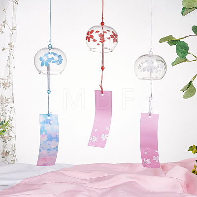 BENECREAT 3Pcs 3 Styles Japanese Glass Round with Sakura Pattern Wind Chimes HJEW-BC0001-56-1