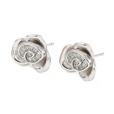 Rose Flower Brass Micro Pave Cubic Zirconia Stud Earrings EJEW-G452-08P-02-1
