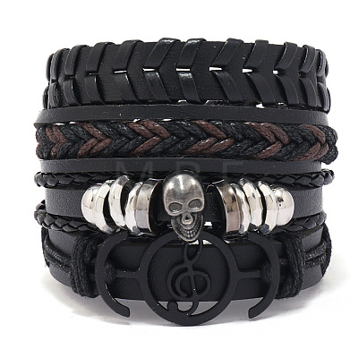 4Pcs 4 Styles Wood Beads Stretch Braceletas & Alloy Artificial Leather Cord Bracelet Sets for Men FS-WG9743B-01-1