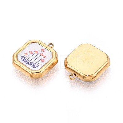 Printed Style 304 Stainless Steel Square with Flower Pendants STAS-T071-24D-G-1
