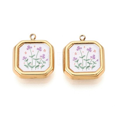 Printed Style 304 Stainless Steel Square with Flower Pendants STAS-T071-24B-G-1