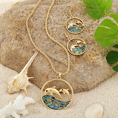 Alloy & Natural Abalone/Paua Shell Pendant Necklaces & Dangle Earrings Sets WGD5CF5-09-1