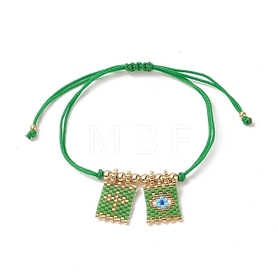 Handmade Japanese Seed Rectangle with Cross & Evil Eye Charm Bracelets BJEW-MZ00010-1