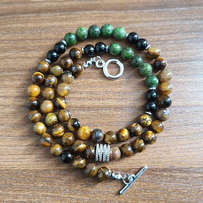 6mm Natural African Turquoise(Jasper) & Obsidian & Tiger Eye Round Beaded OT Necklaces for Men Women LS-DT8400-4-1