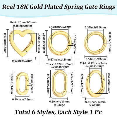 6Pcs 6 Styles Brass Spring Gate Rings KK-BBC0028-45-1