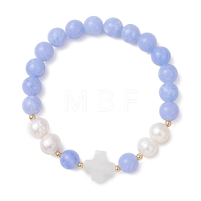 Natural Blue Lace Agate & Cultured Freshwater Pearl Round Beads Stretch Bracelets for Women BJEW-JB13086-01-1