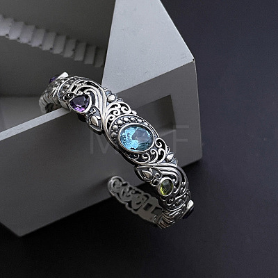 Engraved Flower Brass Micro Pave Cubic Zirconia Cuff Bangles for Women FS-WGDA37F-01-1
