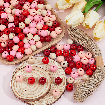 250Pcs 5  Colors Spray Painted Round Natural Schima Wood Beads WOOD-PA0001-73A-1