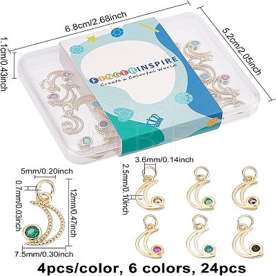 Fingerinspire 24Pcs 6 Colors Real 18K Gold Plated Brass Micro Pave Cubic Zirconia Charms ZIRC-FG0001-06-1