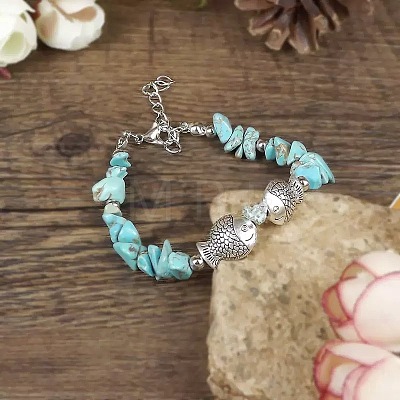 Synthetic Turquoise Chip & Alloy Beaded Bracelets for Women YV2517-1-1