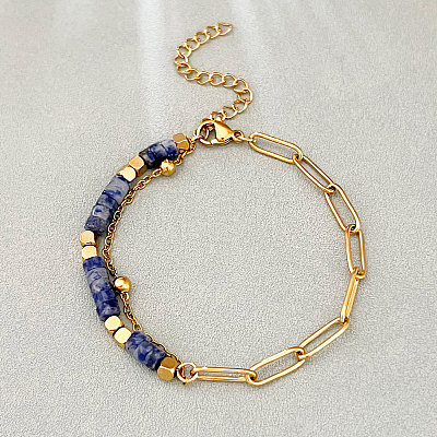 Bohemian Natural Blue Spot Jasper Heishi Beads Bracelets with 304 Stainless Steel Paperclip Chains WGD41F4-01-1