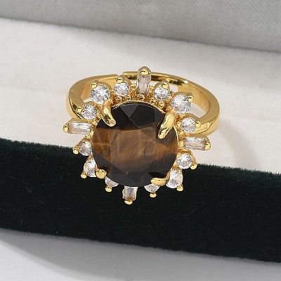 Sunflower Natural Tiger Eye Finger Rings RJEW-B113-03G-04-1