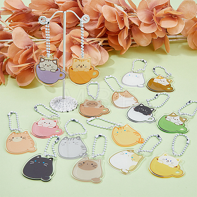 HOBBIESAY 16 Sets 16 Style Cartoon Cute Cat Animal  Acrylic Pendant Decoration with Iron Ball Chain HJEW-HY0001-06-1