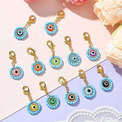 12Pcs 12 Colors Flat Round with Evil Eye Resin & Glass Seed Pendant Decorations HJEW-MZ00094-1