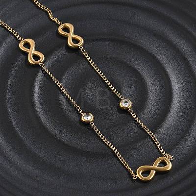 304 Stainless Steel Clear Cubic Zirconia Infinity Link Chain Necklaces for Women NJEW-C069-01G-1