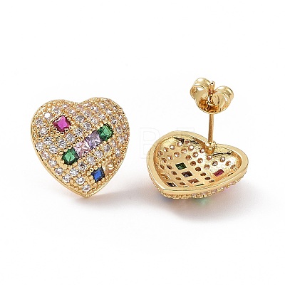 Colorful Cubic Zirconia Heart Stud Earring EJEW-C008-02G-1