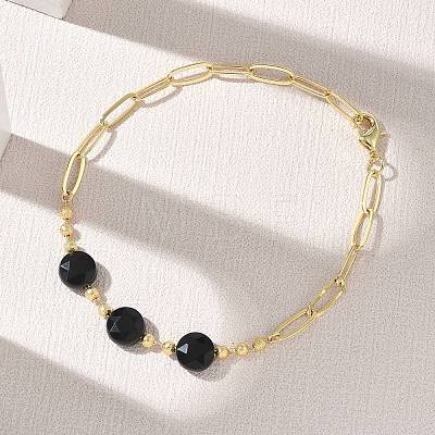 Natural Black Onyx(Dyed & Heated) Faceted Flat Round Beaded Brass Paperclip Chain Bracelets GG-CBA37F5-02G-12-1