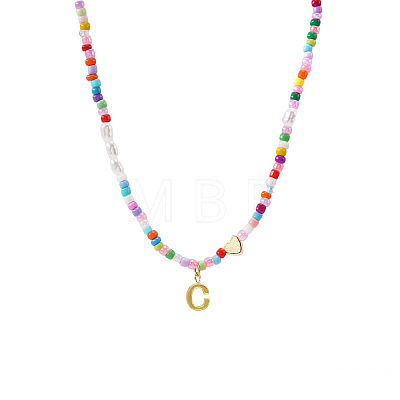 Colorful Beaded Heart Letter Necklace with Pearl Elements Stainless Steel Pendant Jewelry TR2146-3-1