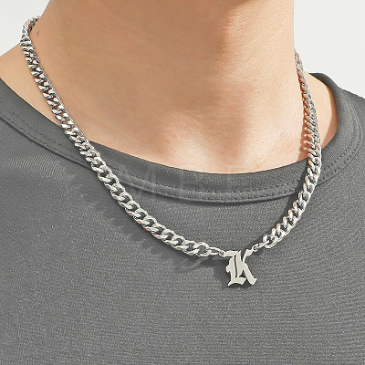 304 Stainless Steel Initial Pendant Cuban Link Chain Necklaces FS-WGB15F2-07-1