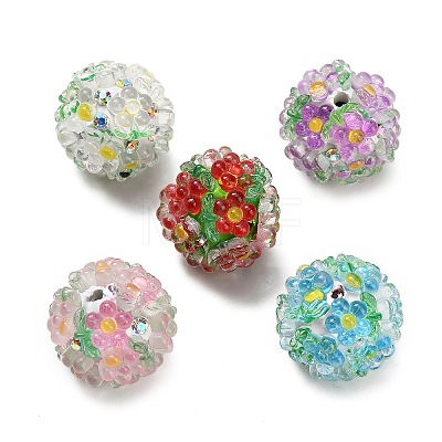 Flower with Round Polymer Clay Rhinestone Beads RESI-Z045-08-1