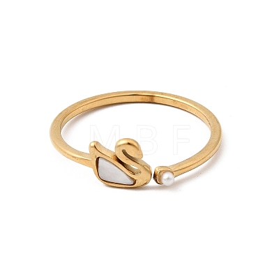 304 Stainless Steel & Natural Shell & Imitation Pearl Cuff Rings for Women RJEW-G372-01G-02-1