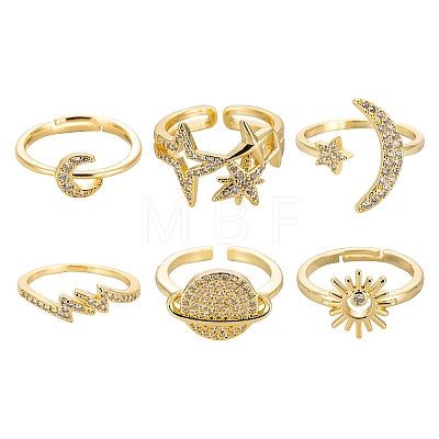 6Pcs 6 Styles Brass Micro Pave Clear Cubic Zirconia Cuff Rings RJEW-LS0001-34G-1