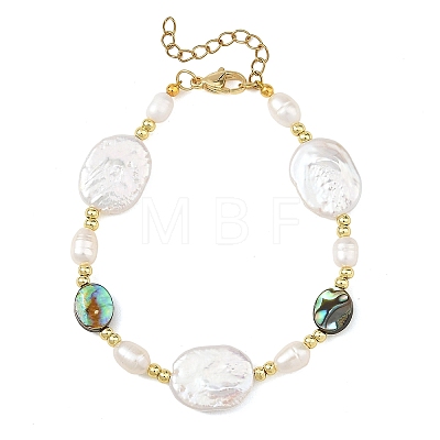 Natural Baroque Keshi Pearl Oval & Paua Shell & Freshwater Pearl Beaded Bracelets BJEW-JB14337-1