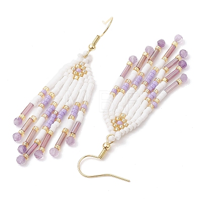 Woven Seed Beads & Natural Amethyst Tassel Earrings EJEW-MZ00154-03-1
