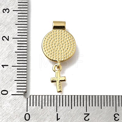 Brass Pave Natural White Shell Flat Round with Cross Pendants KK-C090-40G-1