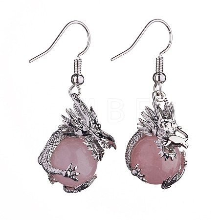 Natural Rose Quartz Dragon Dangle Earrings EJEW-A092-06P-08-1