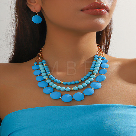 Resin Flat Round & Round Beaded Multilayer Necklaces & Dangle Earrings Sets FS-WGD0E94-02-1